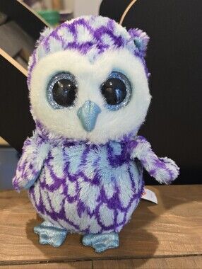Ty Beanie Boo Oscar Purple & Light Blue Glitter-Beak Owl Plush Toy 2015